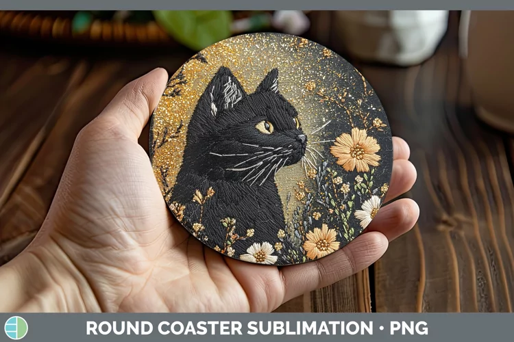 Embroidered Black Cat Round Coaster Sublimation Coaster Desi