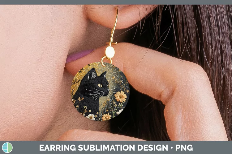 Embroidered Black Cat Round Earrings Sublimation Earrings De