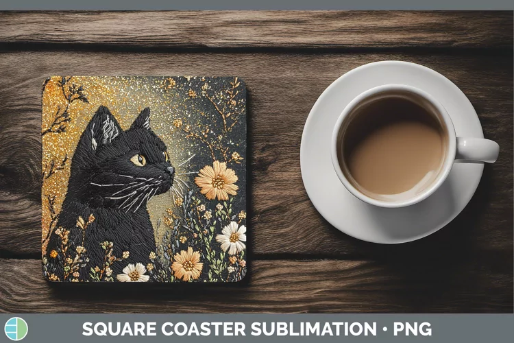 Embroidered Black Cat Square Coaster Sublimation Coaster Des