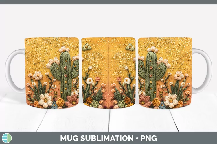 Embroidered Cactus Mug Wrap Sublimation Coffee Cup Designs
