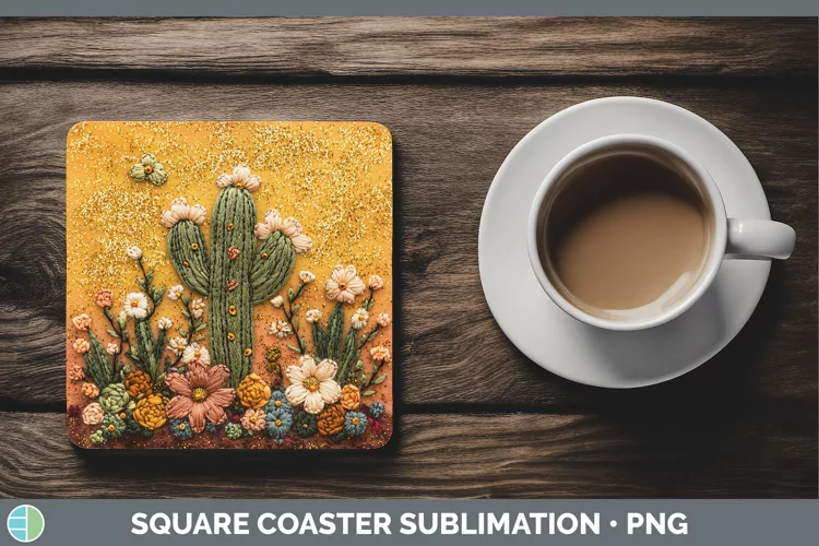 Embroidered Cactus Square Coaster Sublimation Coaster Design