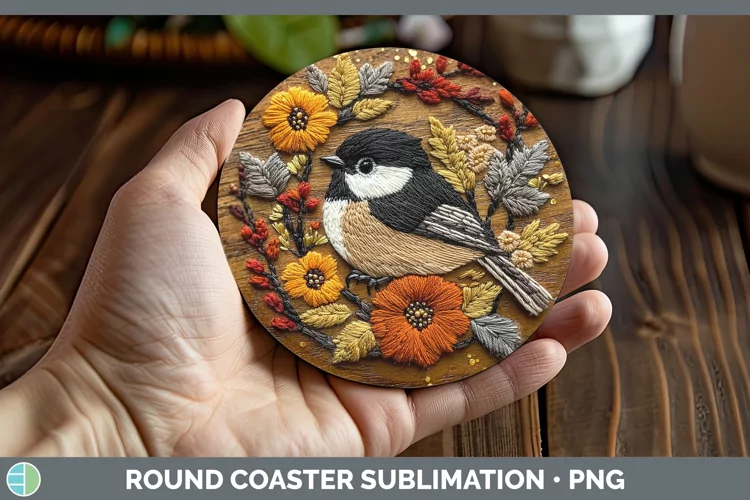 Embroidered Chickadee Round Coaster Sublimation Coaster Desi