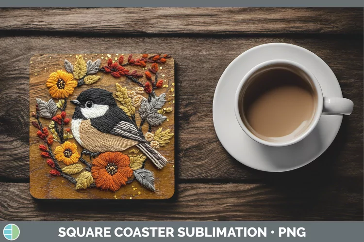 Embroidered Chickadee Square Coaster Sublimation Coaster Des