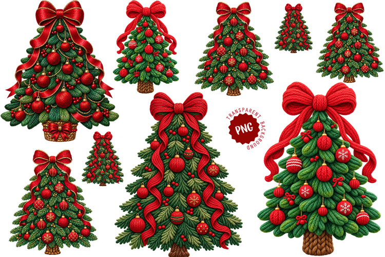 Embroidered Christmas Tree PNG, Red Bow Holiday Design