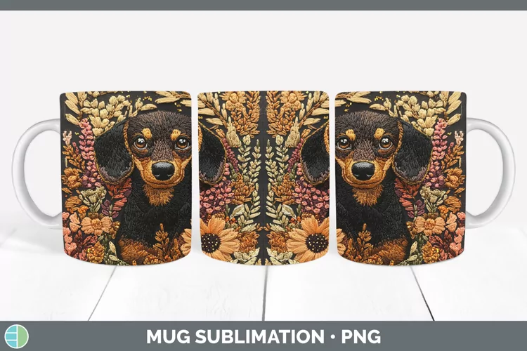 Embroidered Dachshund Mug Wrap Sublimation Coffee Cup Design