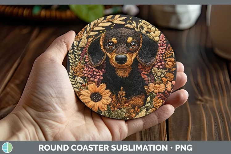 Embroidered Dachshund Round Coaster Sublimation Coaster Desi