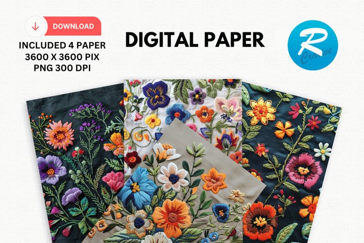 Embroidered Flowers Day Digital Paper, Flowers Background