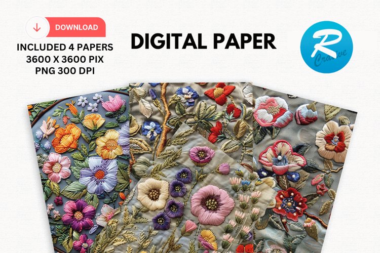 Embroidered Flowers Day Digital Paper, Flowers Background