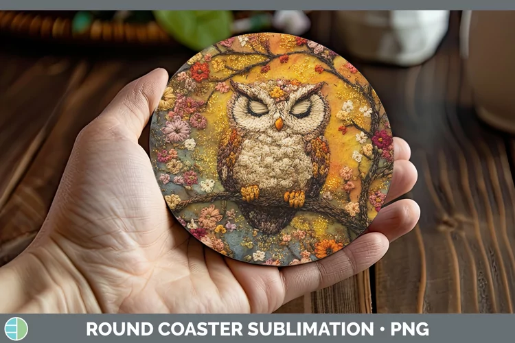Embroidered Owl Round Coaster Sublimation Coaster Designs
