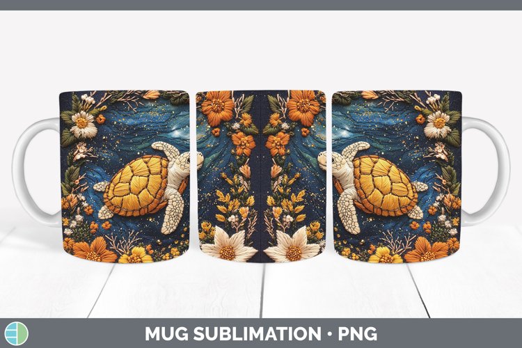 Embroidered Sea Turtle Mug Wrap Sublimation Coffee Cup Desig