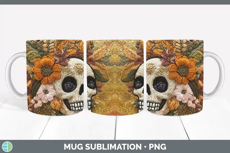 Embroidered Skull Mug Wrap Sublimation Coffee Cup Designs