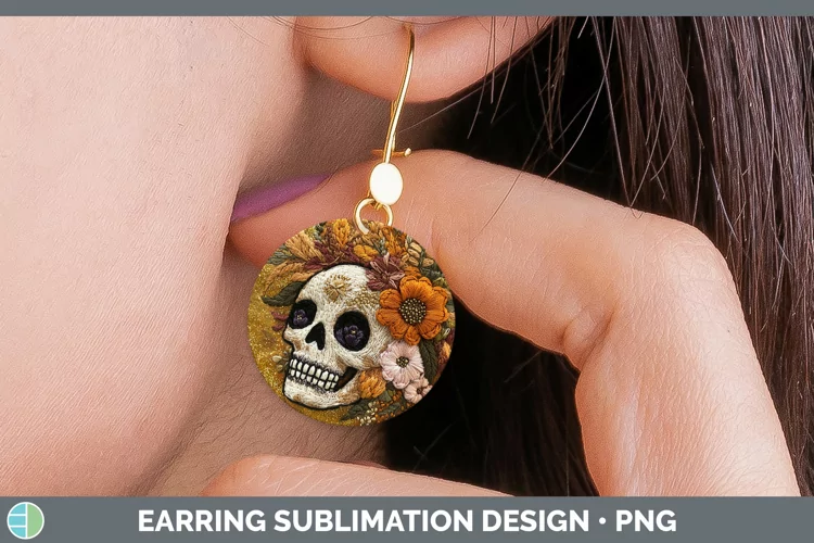 Embroidered Skull Round Earrings Sublimation Earrings Design