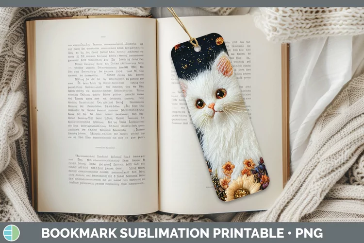 Embroidered White Cat Bookmark Sublimation Printable Designs