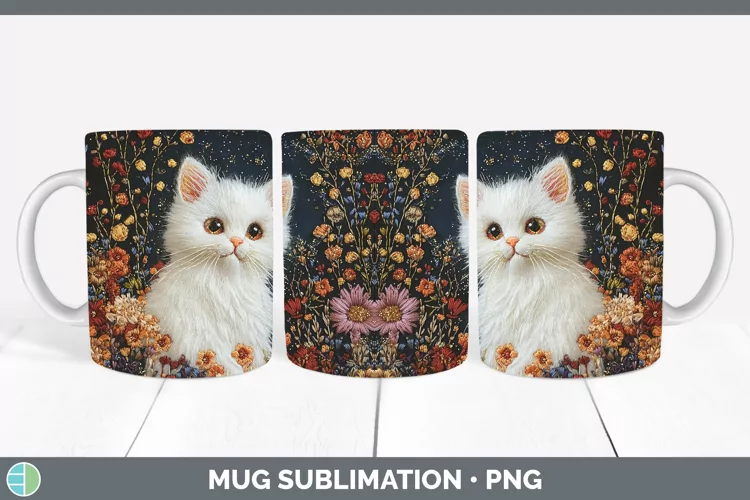 Embroidered White Cat Mug Wrap Sublimation Coffee Cup Design