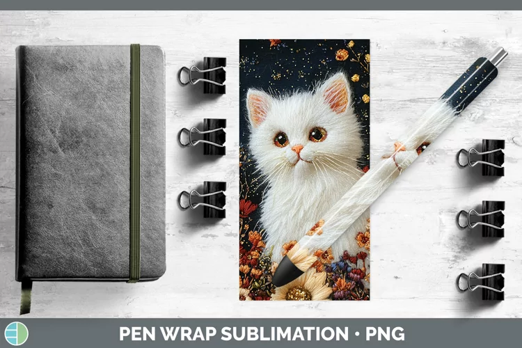 Embroidered White Cat Pen Wrap Sublimation Pen Designs