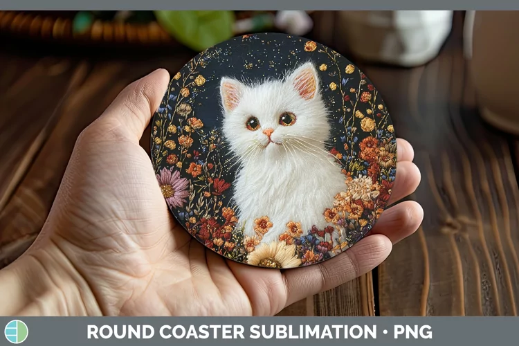 Embroidered White Cat Round Coaster Sublimation Coaster Desi