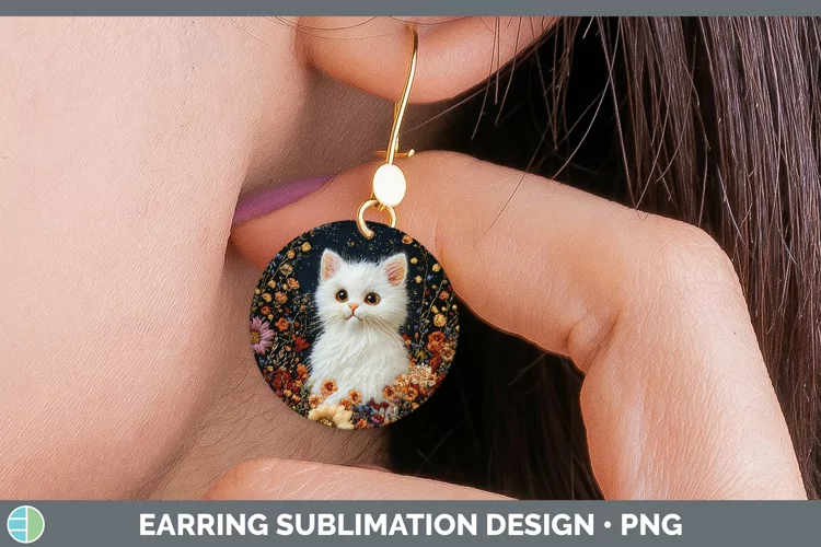 Embroidered White Cat Round Earrings Sublimation Earrings De