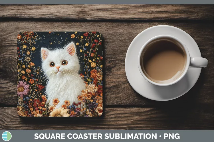Embroidered White Cat Square Coaster Sublimation Coaster Des