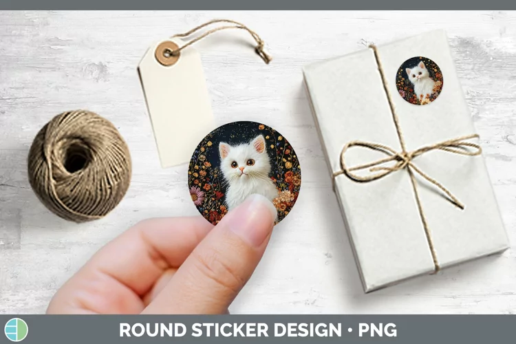 Embroidered White Cat Stickers | Round Labels Designs