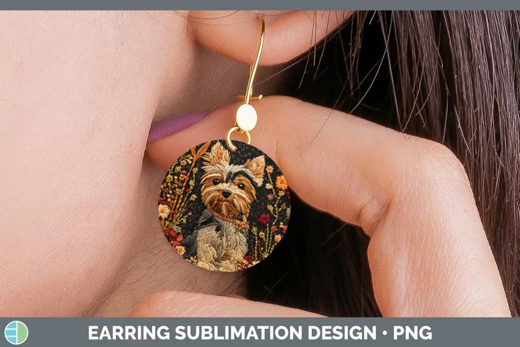 Embroidered Yorkshire Terrier Round Earrings Sublimation Ear