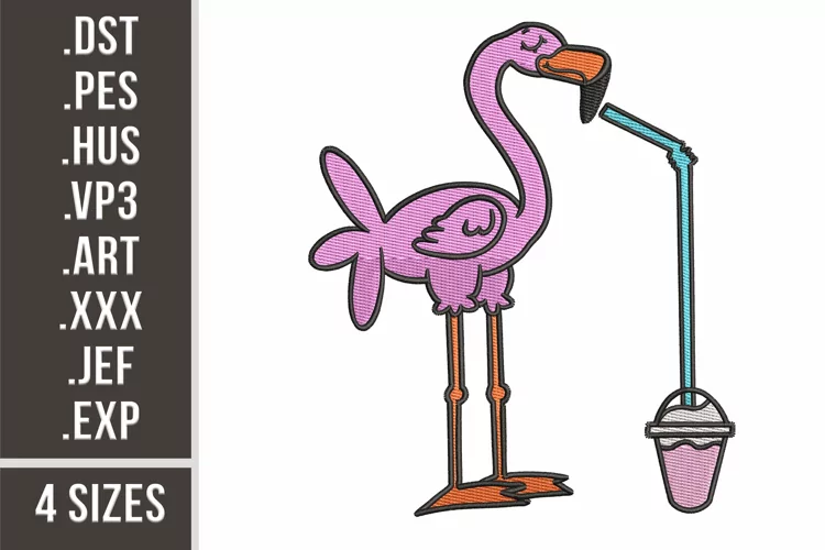 Flamingo With A Drink | Funny Summer Embroidery Desig