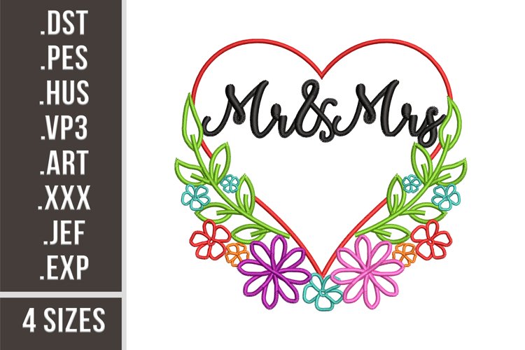Mr. and Mrs. in Floral Heart | Wedding Embroidery example image 1
