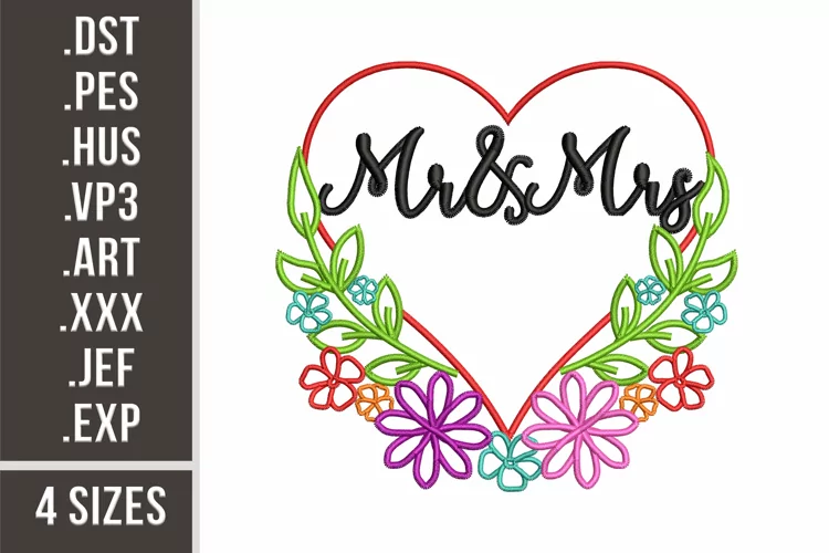 Mr. and Mrs. in Floral Heart | Wedding Embroidery