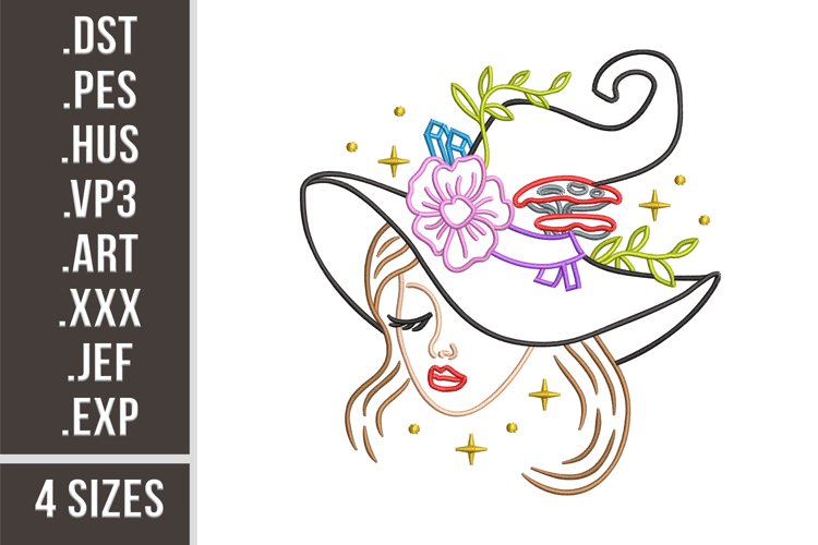 Beautiful Mythical Witch | Woman in Hat Embroidery example image 1