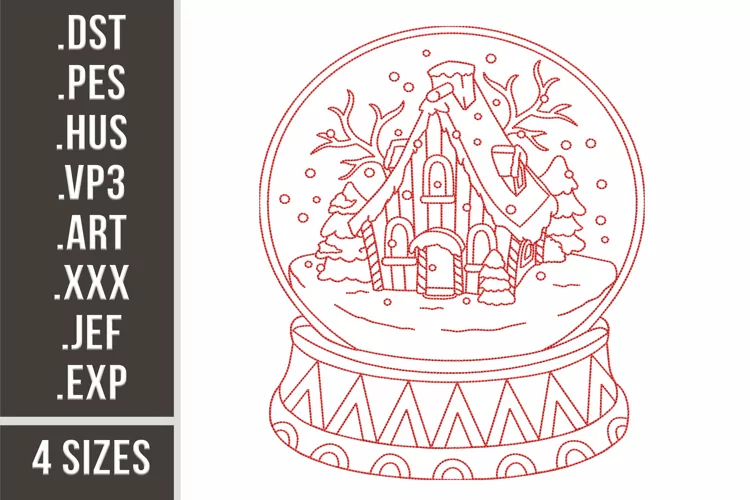 Christmas Snow Magic Ball with House | Redwork Embroidery