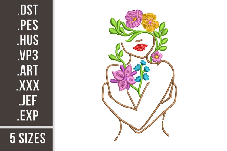 Woman With Flowers | Floral Embroidery example image 1