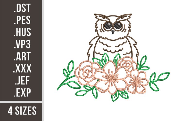 Owl With Flowers | Floral Animal Embroidery Design example image 1