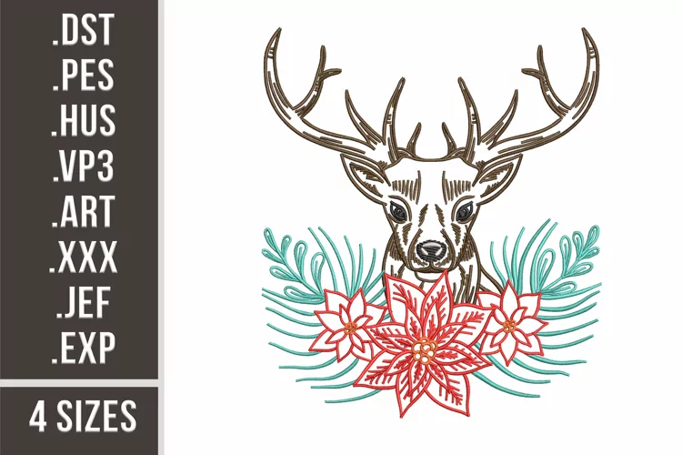 Christmas Deer with Flowers | Christmas Embroidery