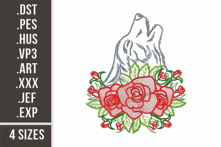 Roaring Wolf with Roses |Floral Animal Embroidery