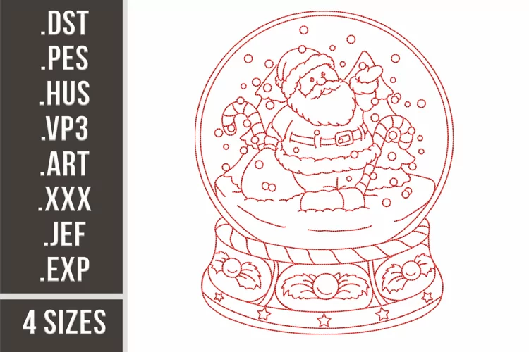 Christmas Snow Magic Ball with Santa | Redwork Embroidery
