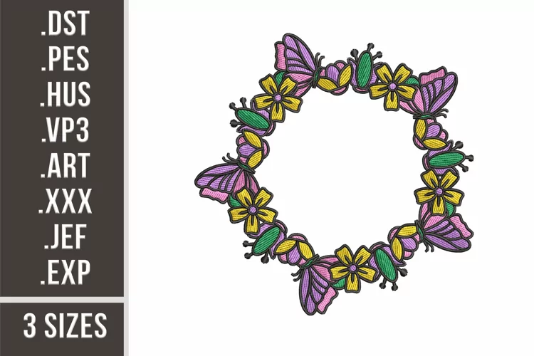 Flowers and Butterflies | Floral Wreath Embroidery Design