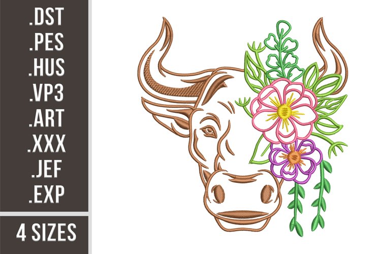 Floral Cow | Machine Embroidery Design example image 1