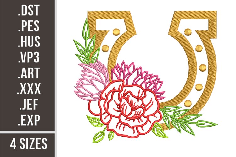 Floral Horseshoe | 4 sizes Embroidery Design example image 1