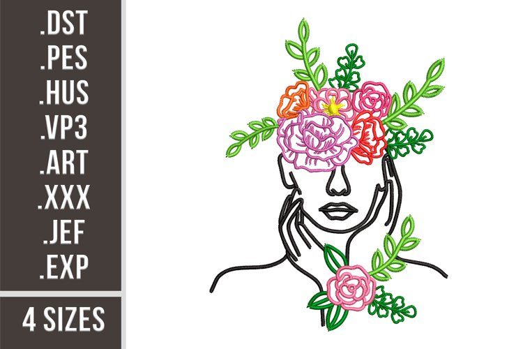 Floral Woman Portrait | Embroidery Design example image 1
