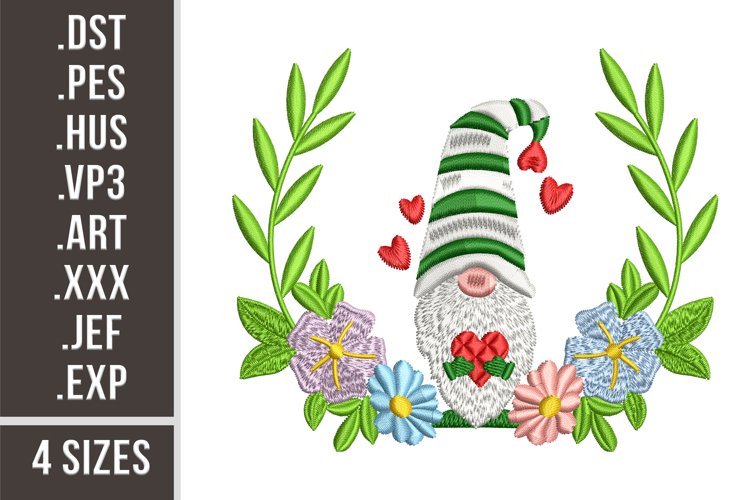 Spring Gnome with Flowers | Embroidery Design example image 1