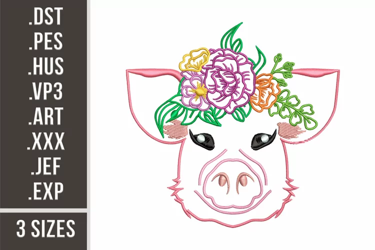 Floral Pig Portrait | Embroidery Design
