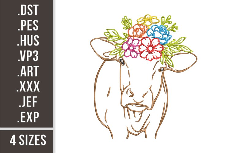 Cow Portrait with Flowers | Farm Embroidery Design