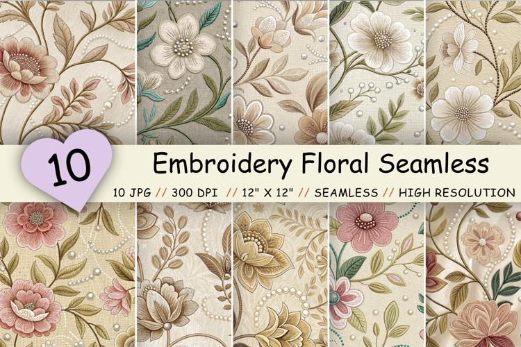 Embroidery Floral Seamless Pattern Bundle, Embroidered