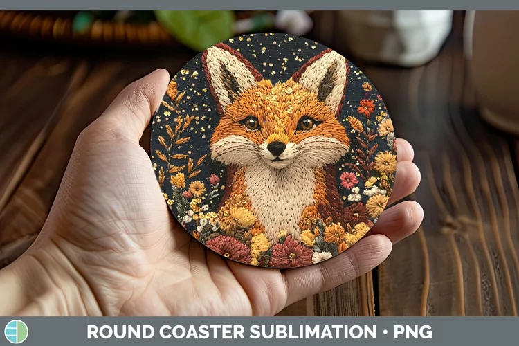 Embroidery Fox Round Coaster Sublimation Coaster Designs