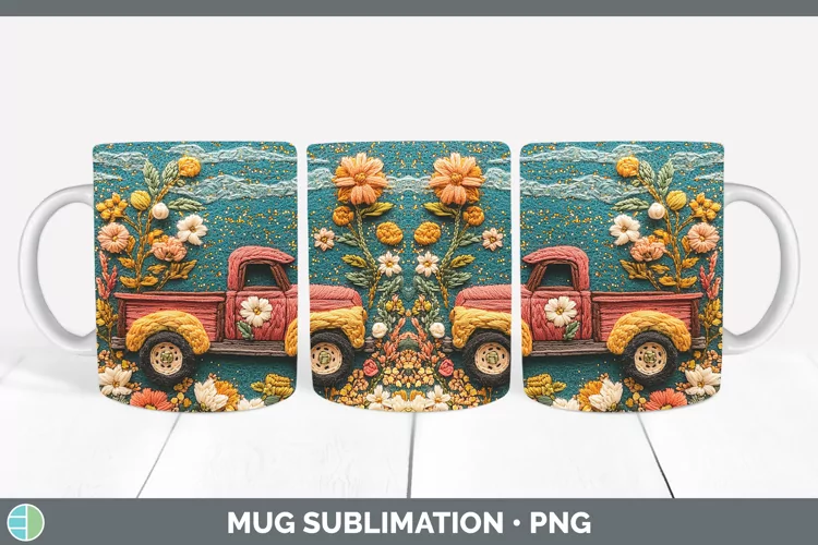 Embroidery Vintage Truck Mug Wrap Sublimation Coffee Cup Des