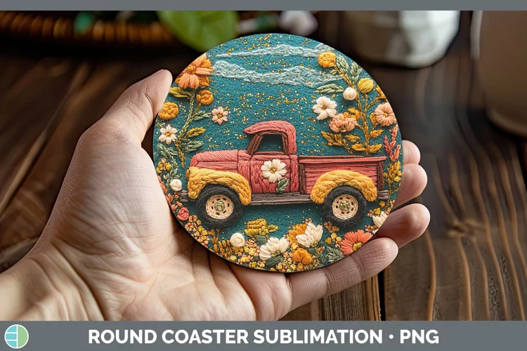 Embroidery Vintage Truck Round Coaster Sublimation Coaster D