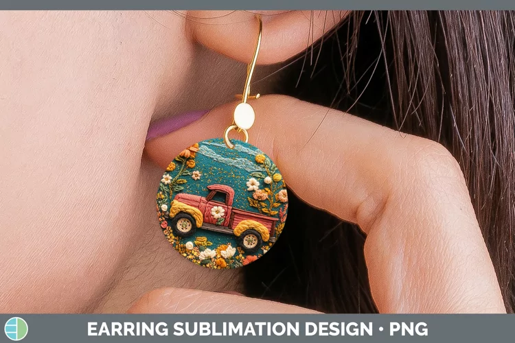 Embroidery Vintage Truck Round Earrings Sublimation Earrings