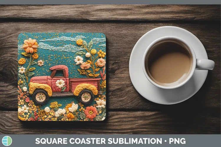 Embroidery Vintage Truck Square Coaster Sublimation Coaster