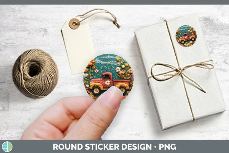 Embroidery Vintage Truck Stickers | Round Labels Designs
