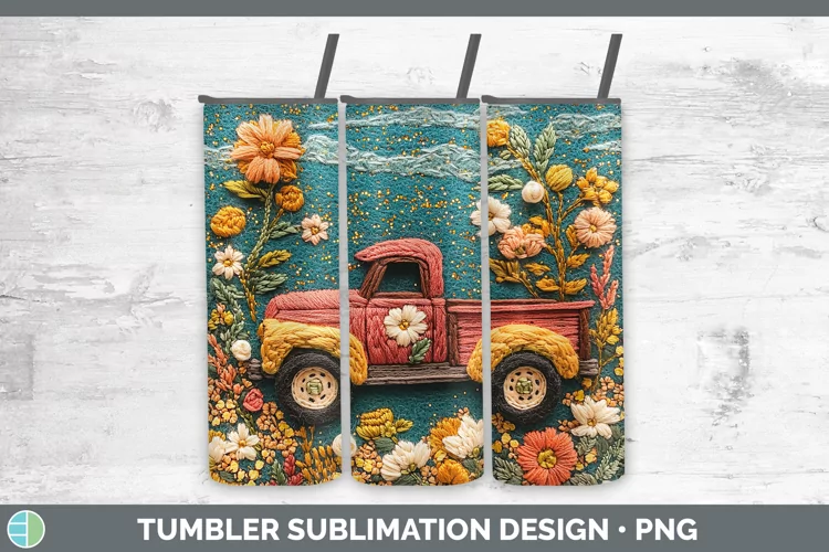Embroidery Vintage Truck Tumbler Sublimation 20 oz Skinny Tu