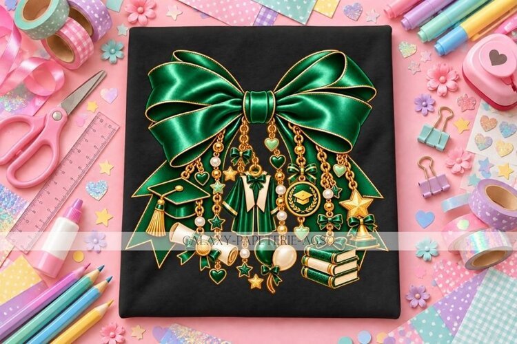 Emerald Green Graduation Bow PNG with Charms, Senior example image 1